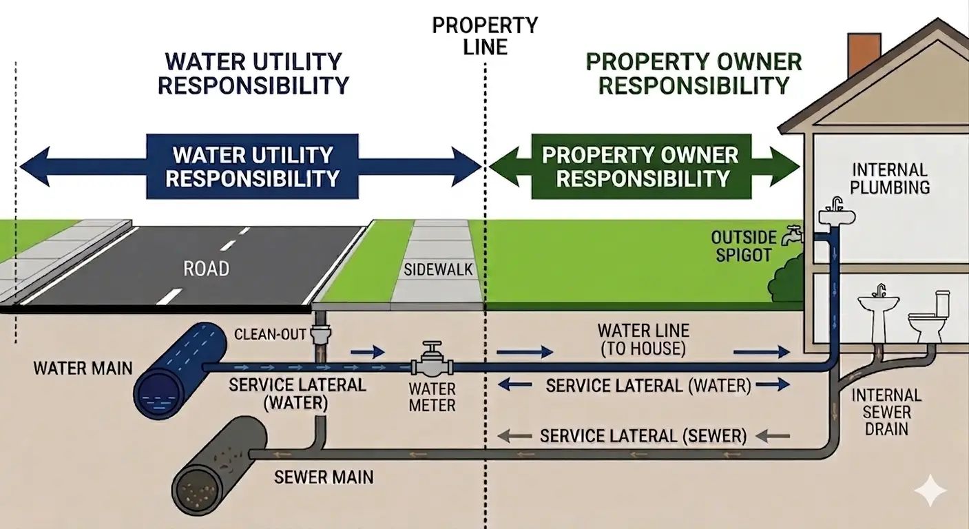 Diagram showing property line dividing water utility and property owner responsibility